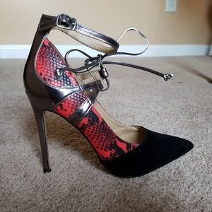 6 in. Black suede/Red snakeskin pattern heels